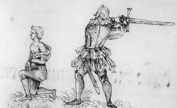 The only known picture of Schmidt. "Execution of Hans Fröschel, 1591". This drawing was made in the marguns of a court record book. Note Schmidt's collar and curved moustache. [WikiMedia Commons]