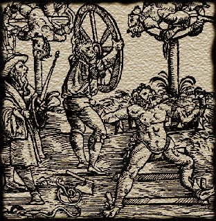 Execution by wheel. The man's limbs are being broken with heavy wheels. This is opposed to execution on a wheel, where the limbs were broken by a rod or weight after the victim was strapped to a wheel.